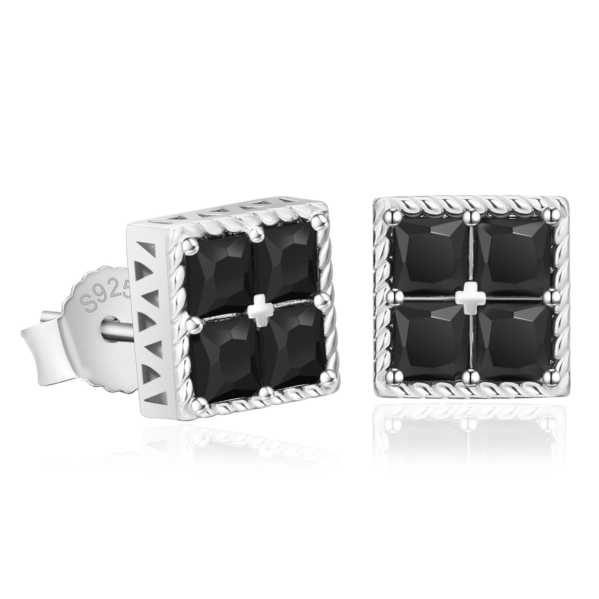 H&J Jewelry Men's 925 Sterling Silver Icy Bling Black CZ 8mm Square Push Back Stud Earrings