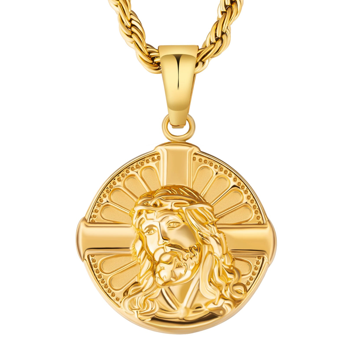 Wholesale Jesus on Cross Gold Coin Pendant Necklace with Rope Chain fo