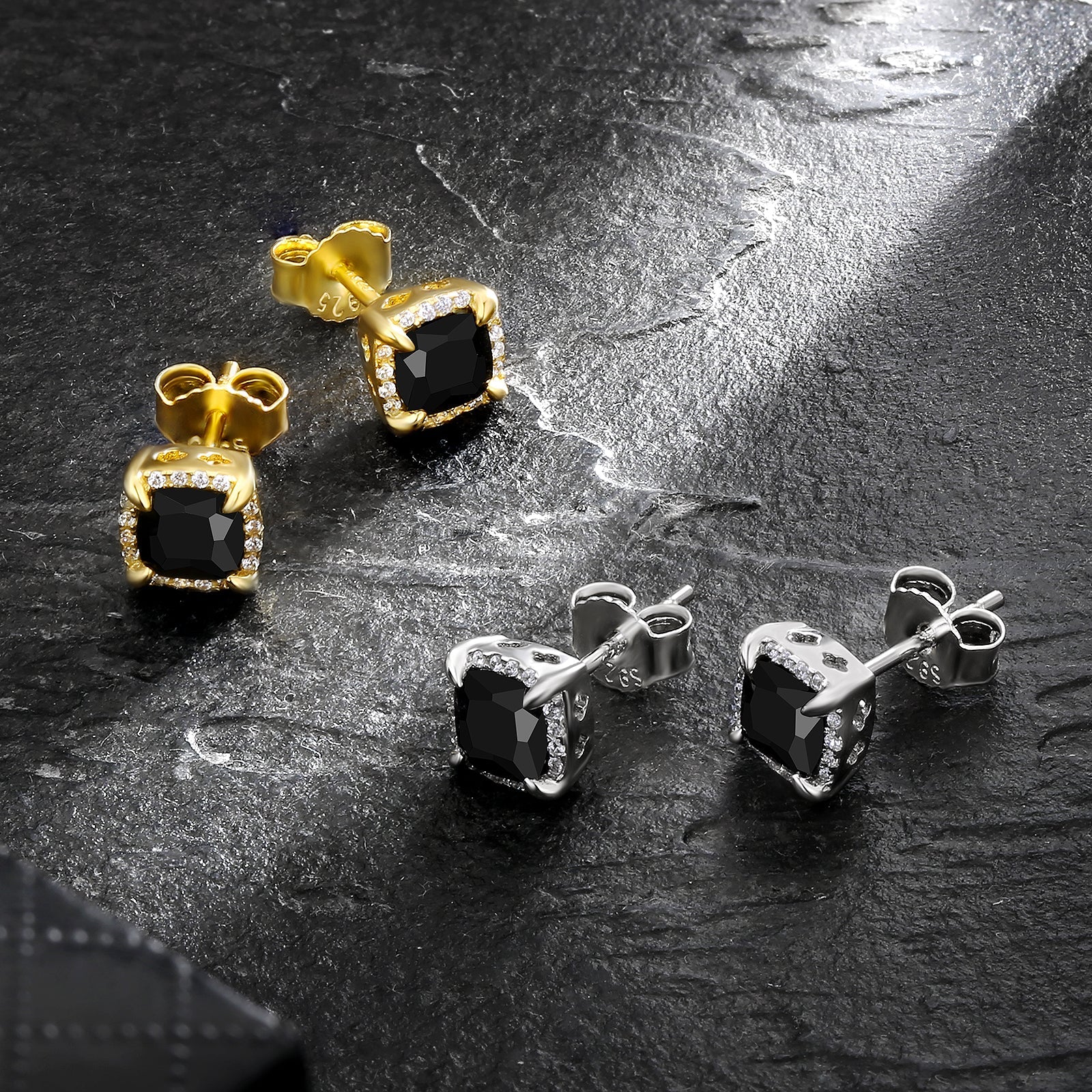 Wholesale Men's Earrings Square Black CZ Prong Setting Stud Earrings for Men