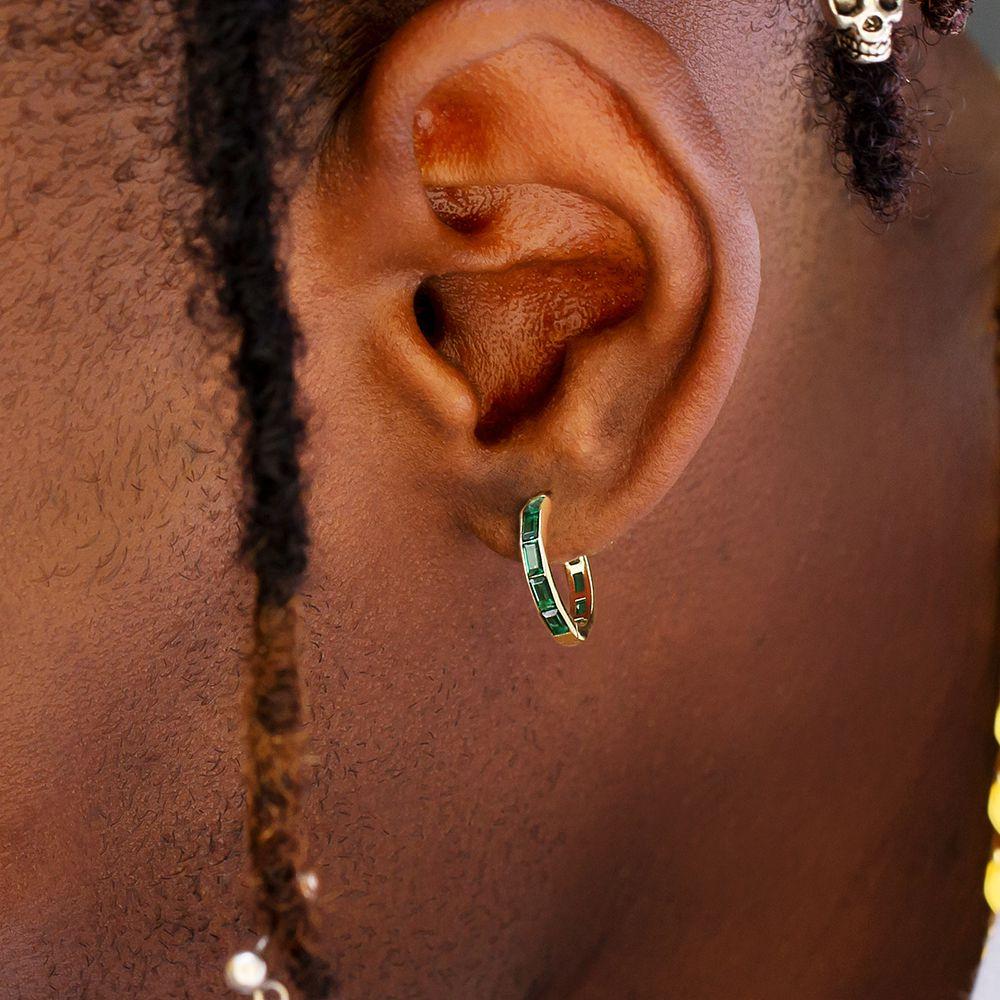 May Birthstone Emerald Hoop Earrings for Men KRKC