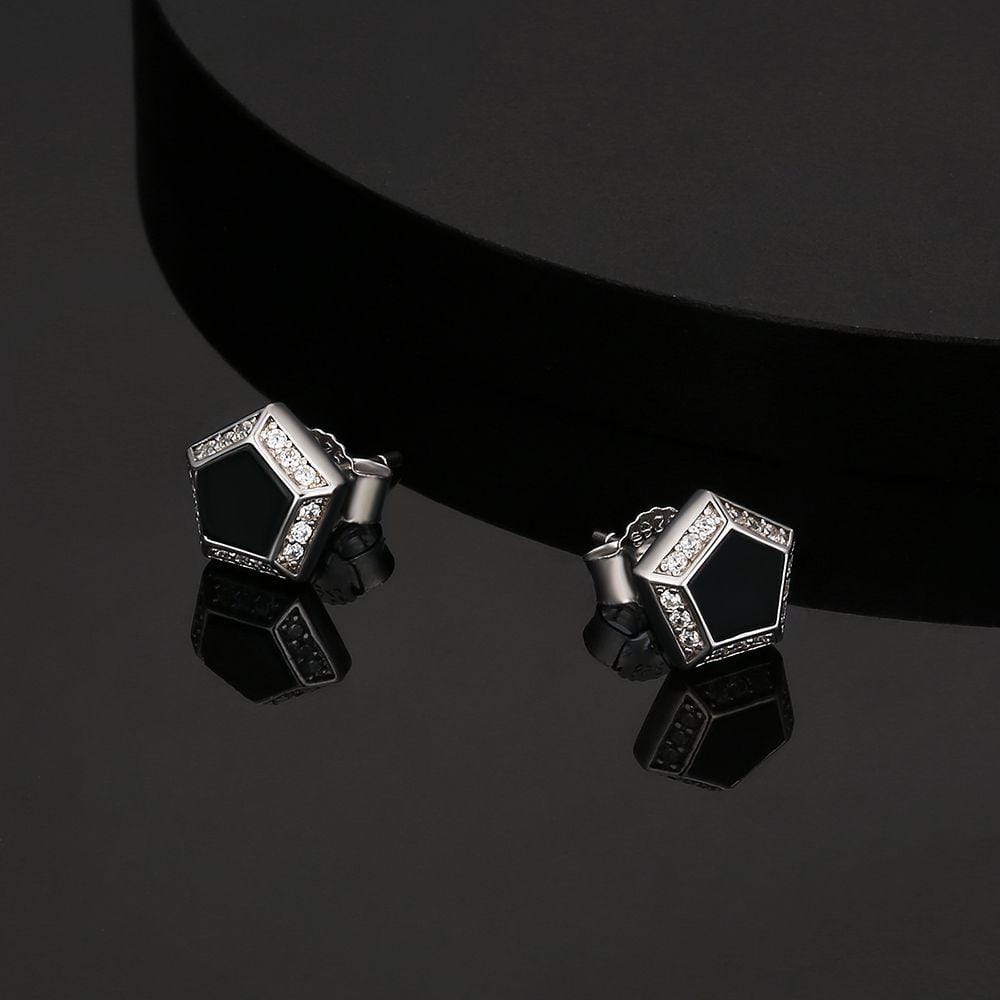 Pentagon Black Onyx Diamond Stud Earrings for Men KRKC