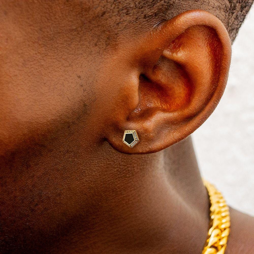 Pentagon Black Onyx Diamond Stud Earrings for Men KRKC