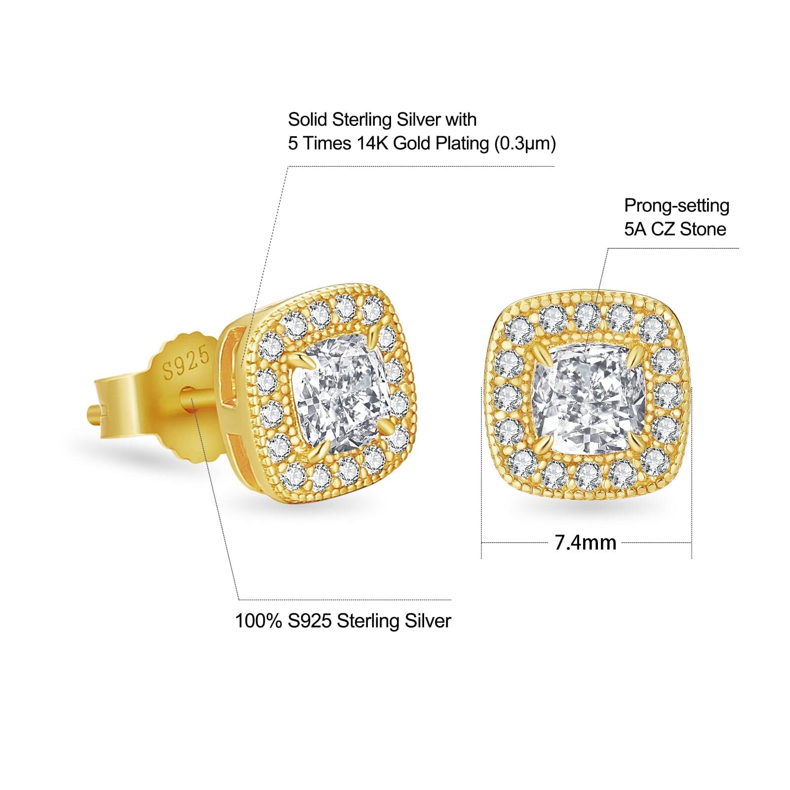 Iced Stud Earrings CZ Stone for Men and Women in 14K Gold / White Gold
