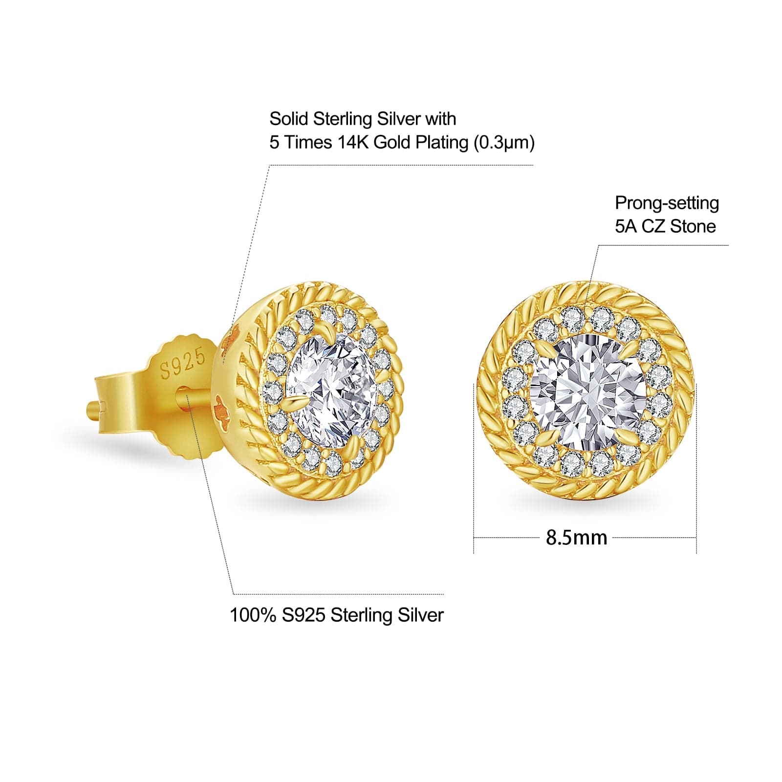 Full Iced CZ Stone Round Twisted Stud Earrings  for Men and Women in 14K Gold / White Gold