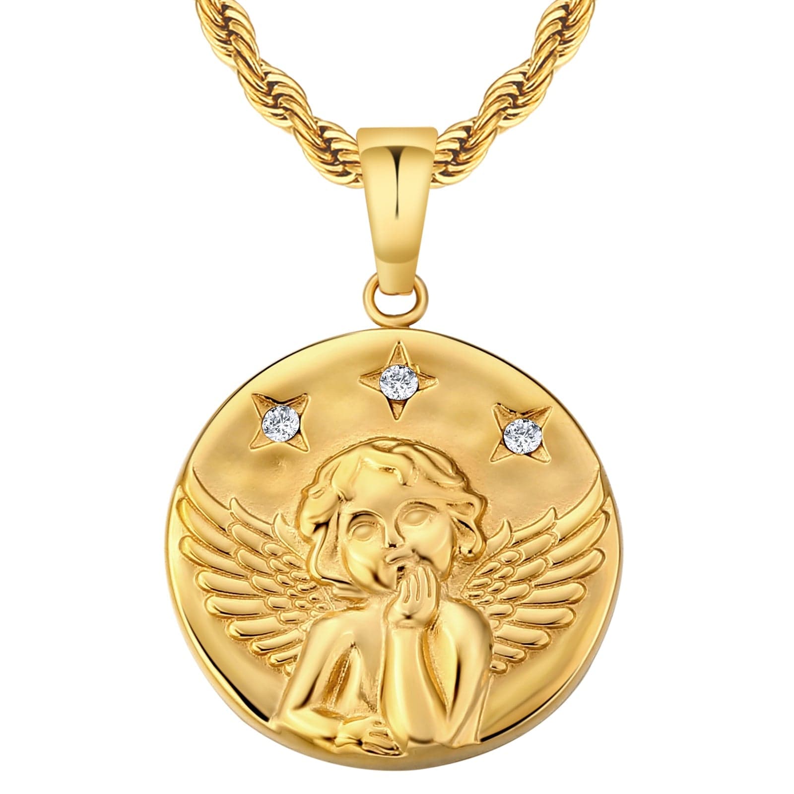 KRKC&CO Mens Coin Pendant Necklace, Compass 18K Gold Plated