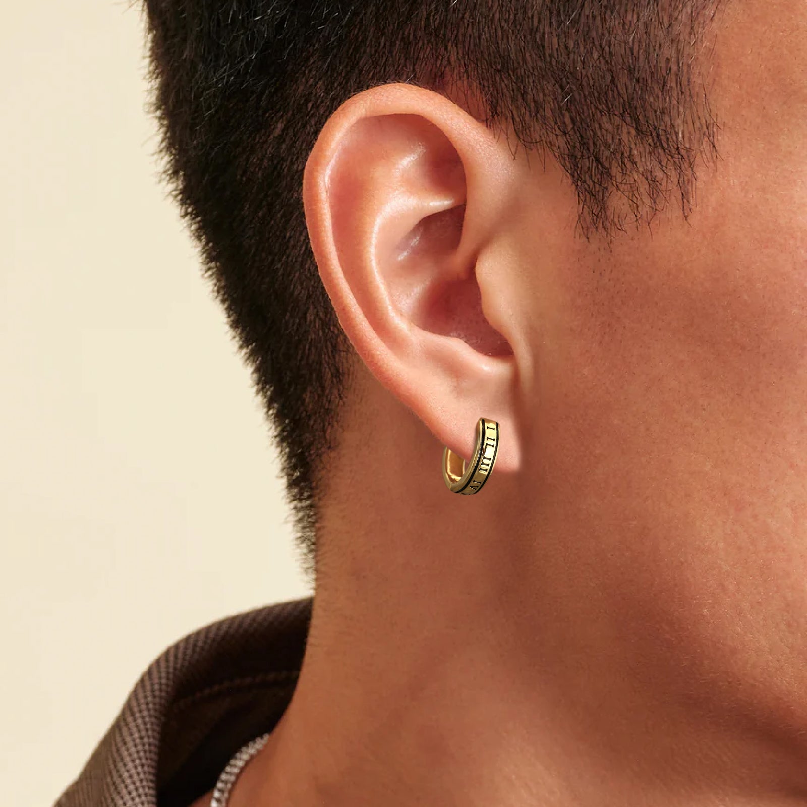 Wholesale Men's Earrings 15mm Black Roman Numerals Hoop Earrings for Men