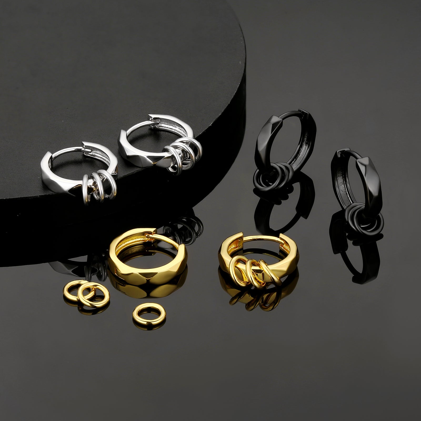 Wholesale Men's Earrings 15mm 2in1 Black Mens Hoop Earring with Detachable Rings 925 Sterling Silver