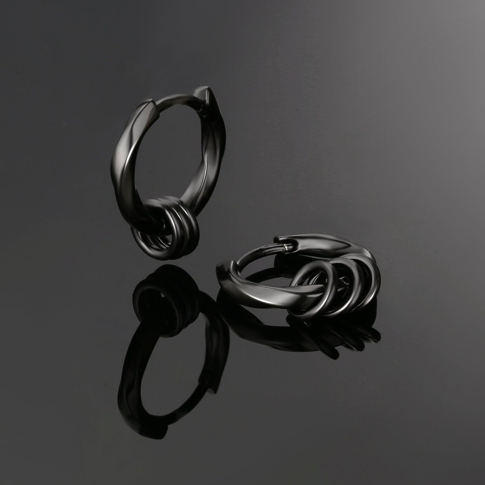Wholesale Men's Earrings 15mm 2in1 Black Mens Hoop Earring Twisted with Detachable Rings 925 Sterling Silver
