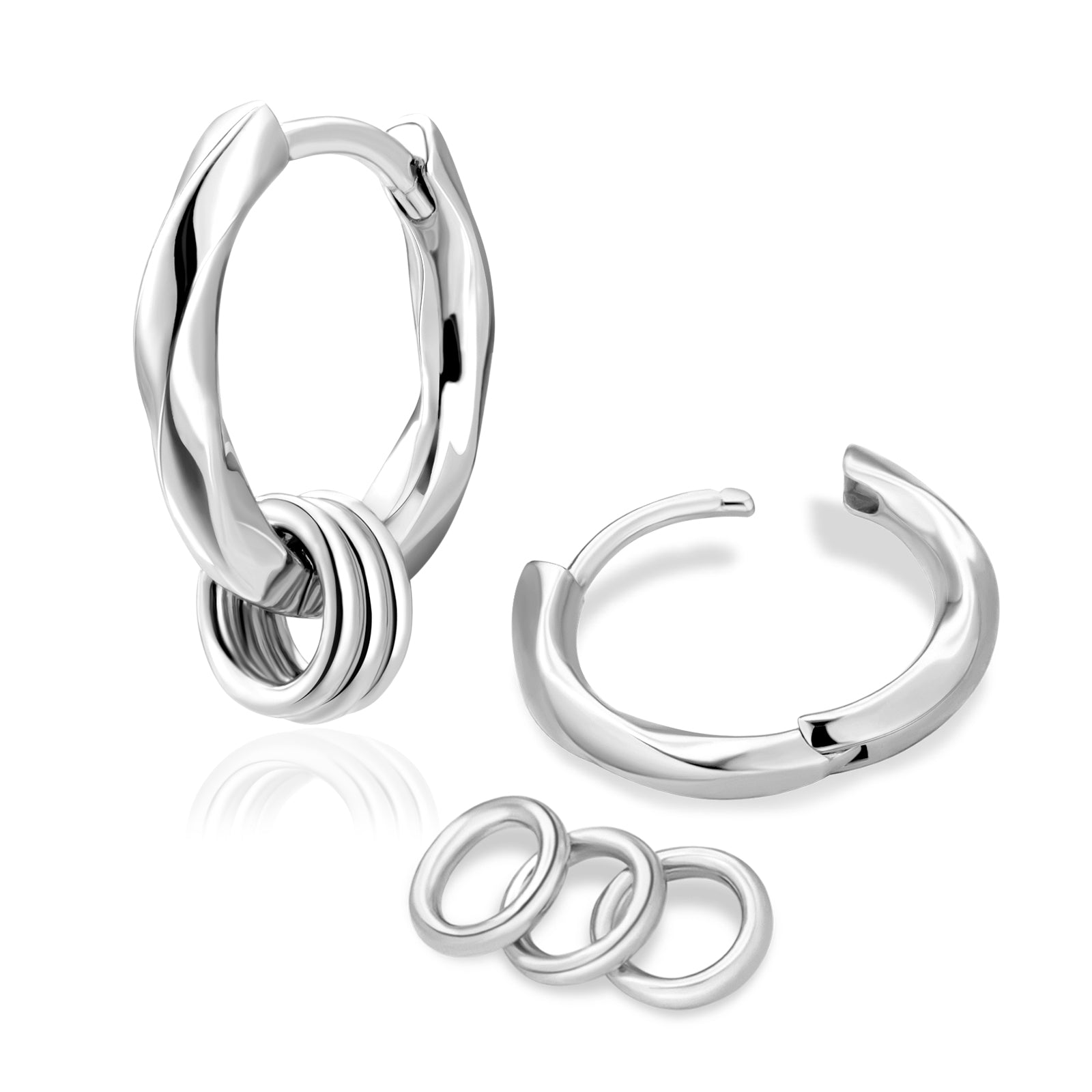 Wholesale Men's Earrings 15mm 2in1 Mens Hoop Earring Twisted with Detachable Rings 925 Sterling Silver