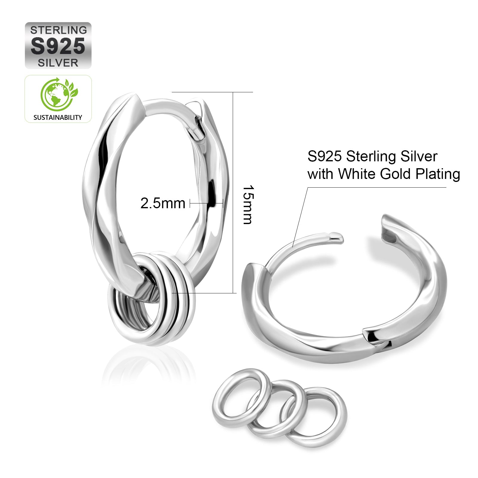 Wholesale Men's Earrings 15mm 2in1 Mens Hoop Earring Twisted with Detachable Rings 925 Sterling Silver