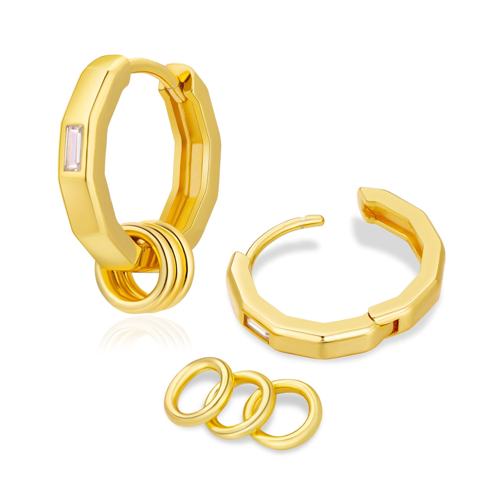 Wholesale Men's Earrings 15mm 2in1 Hoop Earrings Diamond Polygon with Detachable Rings 925 Sterling Silver