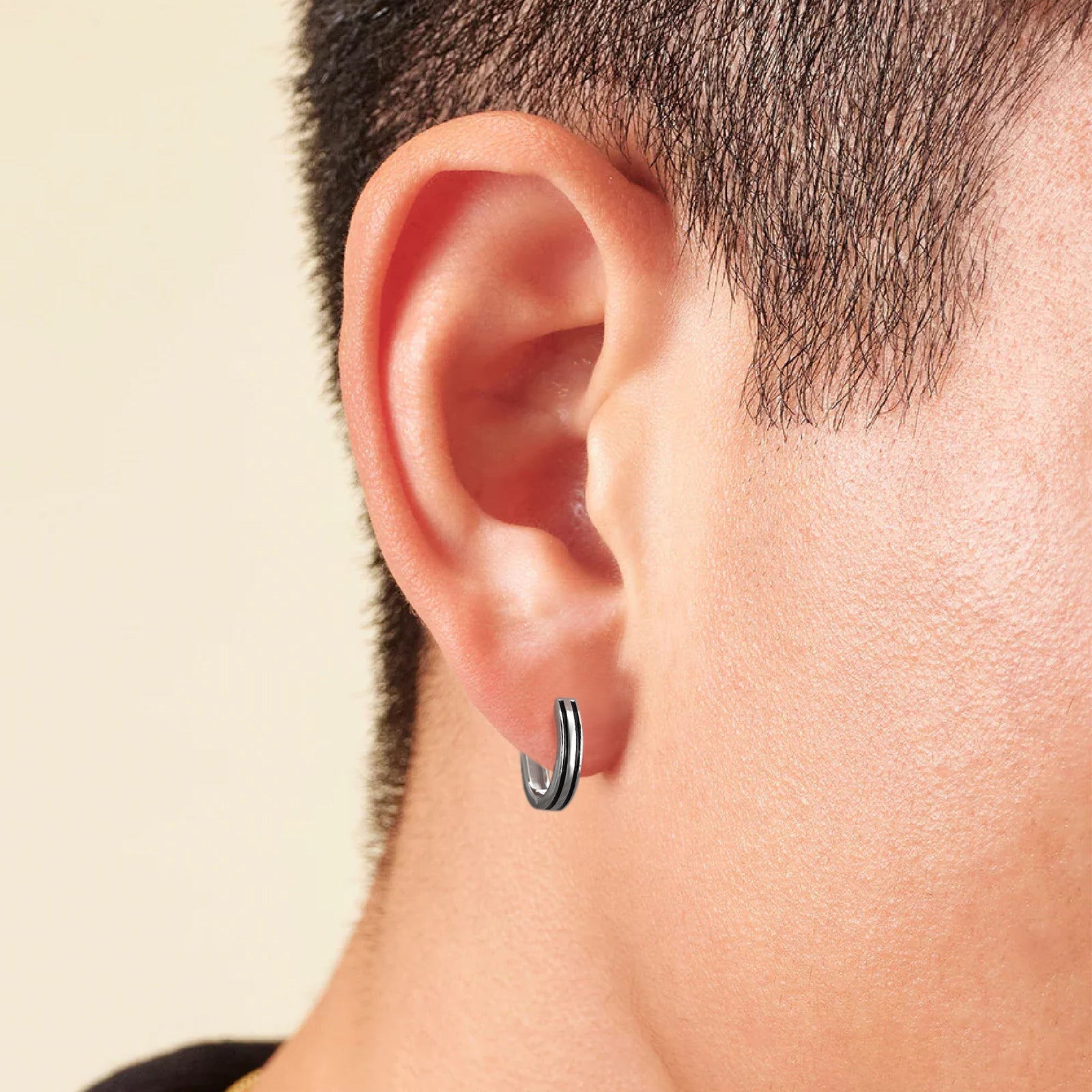 Wholesale Men's Earrings 15mm Sleek Black Stripe Hoop Earrings for Men