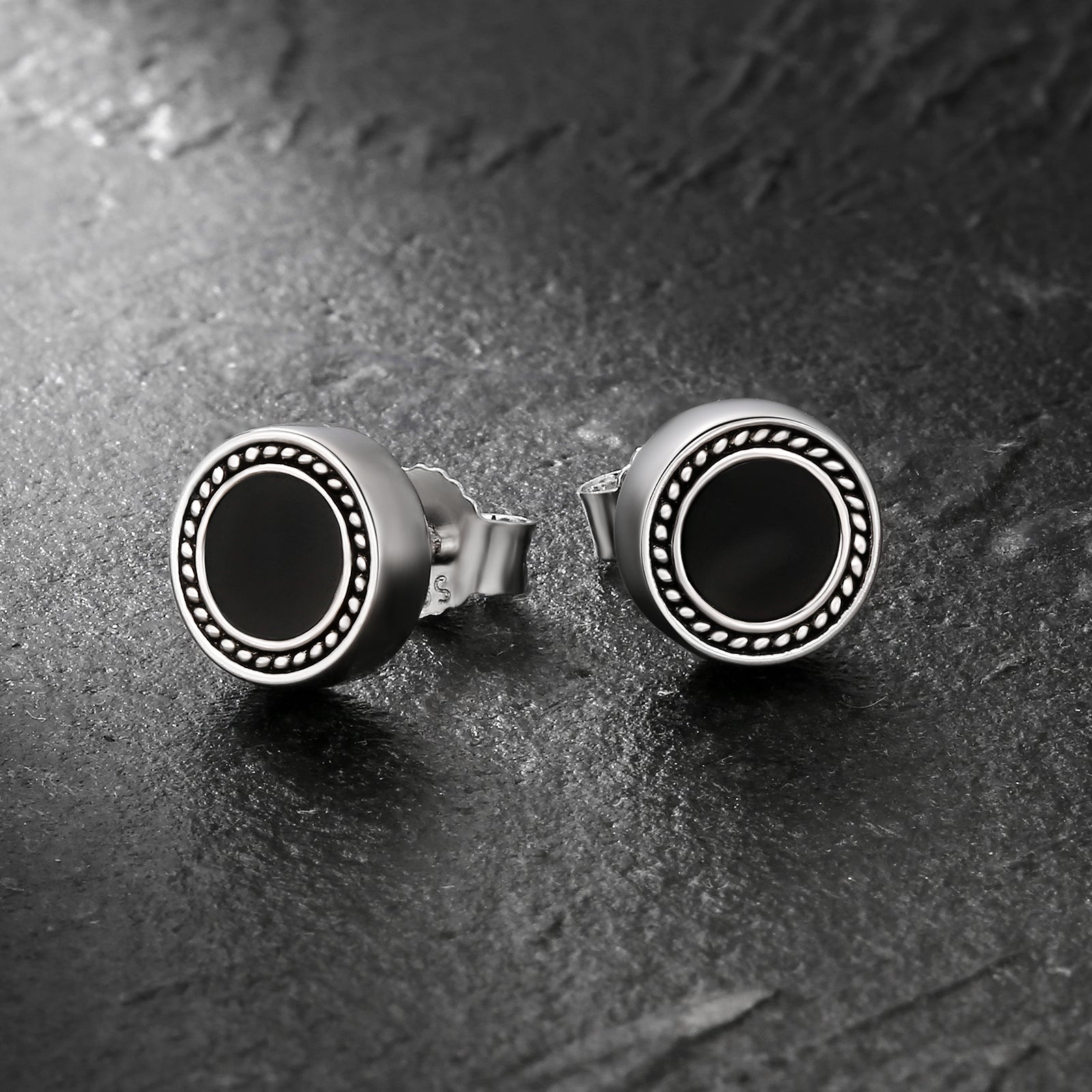 Wholesale Men's Earrings 8mm Radial Black Agate Round Iced Stud Earrings for Men