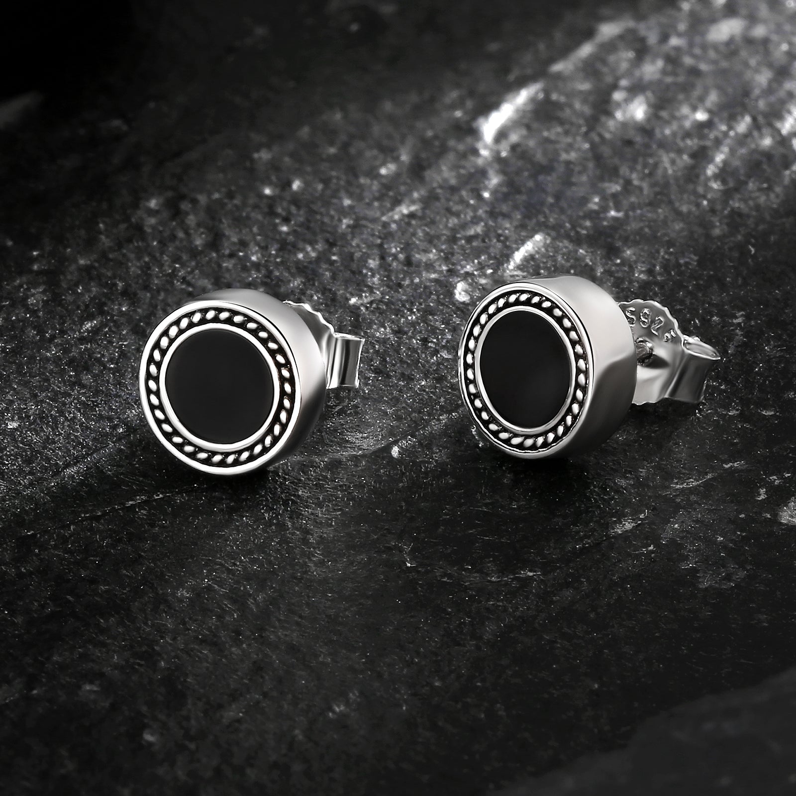 Wholesale Men's Earrings 8mm Radial Black Agate Round Iced Stud Earrings for Men