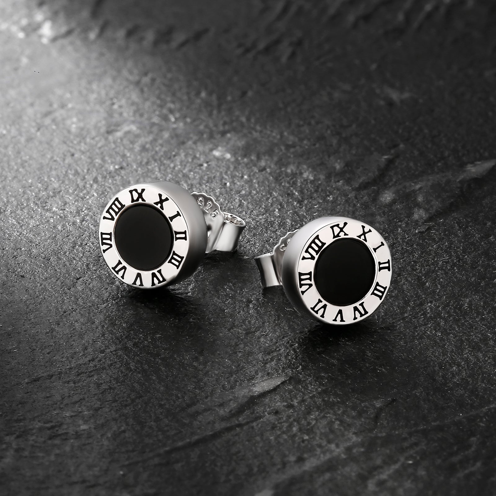 Wholesale Men's Earrings 8mm Roman Numerals Black Agate Round Iced Stud Earrings for Men