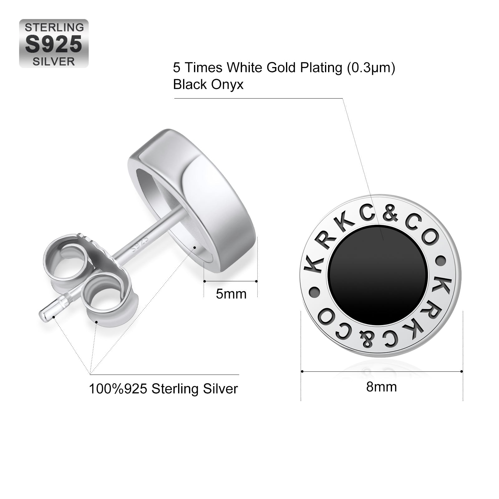 Wholesale Men's Earrings 8mm KRKC&CO Black Agate Round Iced Stud Earrings for Men