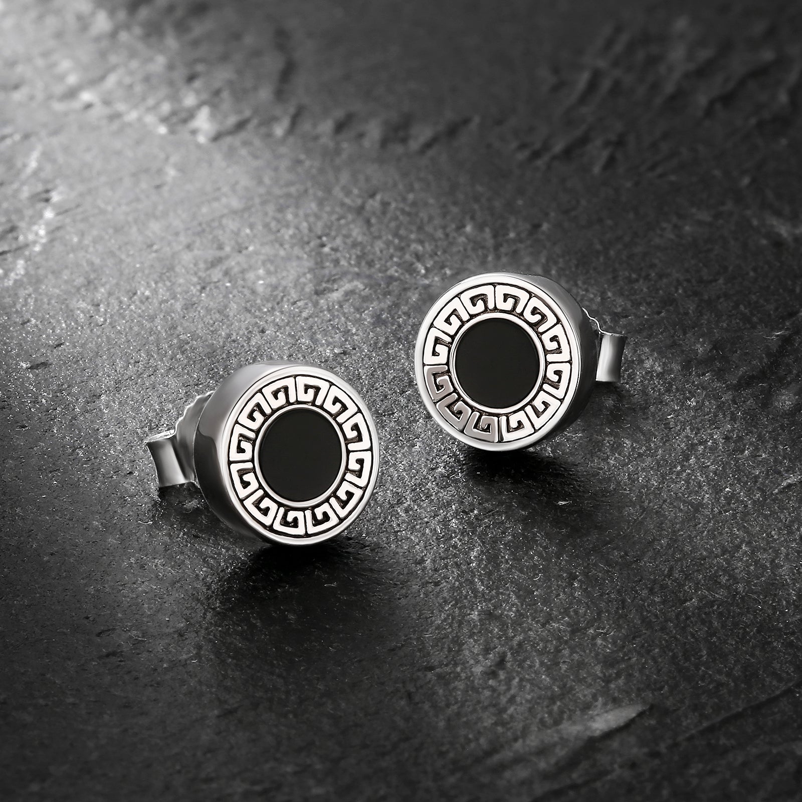 Wholesale Men's Earrings 8.5mm Vintage Black Agate Round Iced Stud Earrings for Men