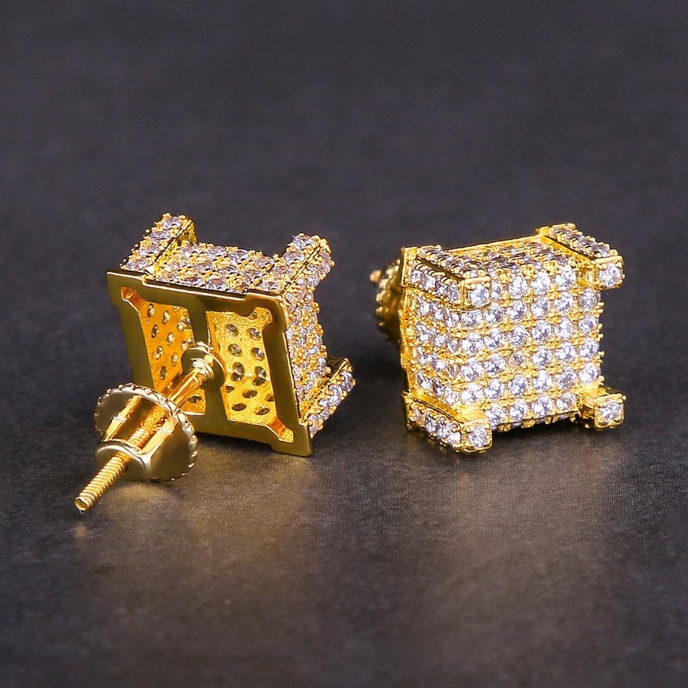 Micro Pave Gold Iced Out 3D CZ Hip-Hop Earrings-krkcom