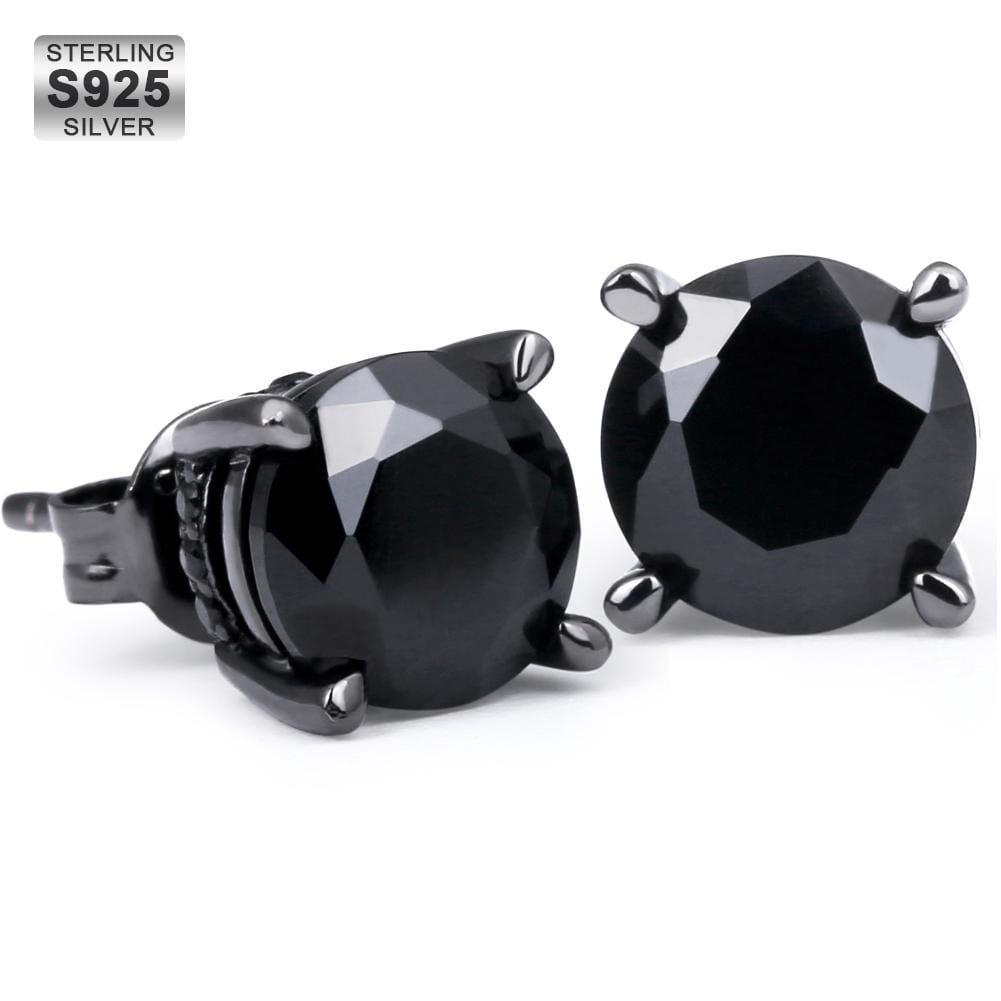 925 Sterling Silver Round Black CZ Stud Earrings-krkcom